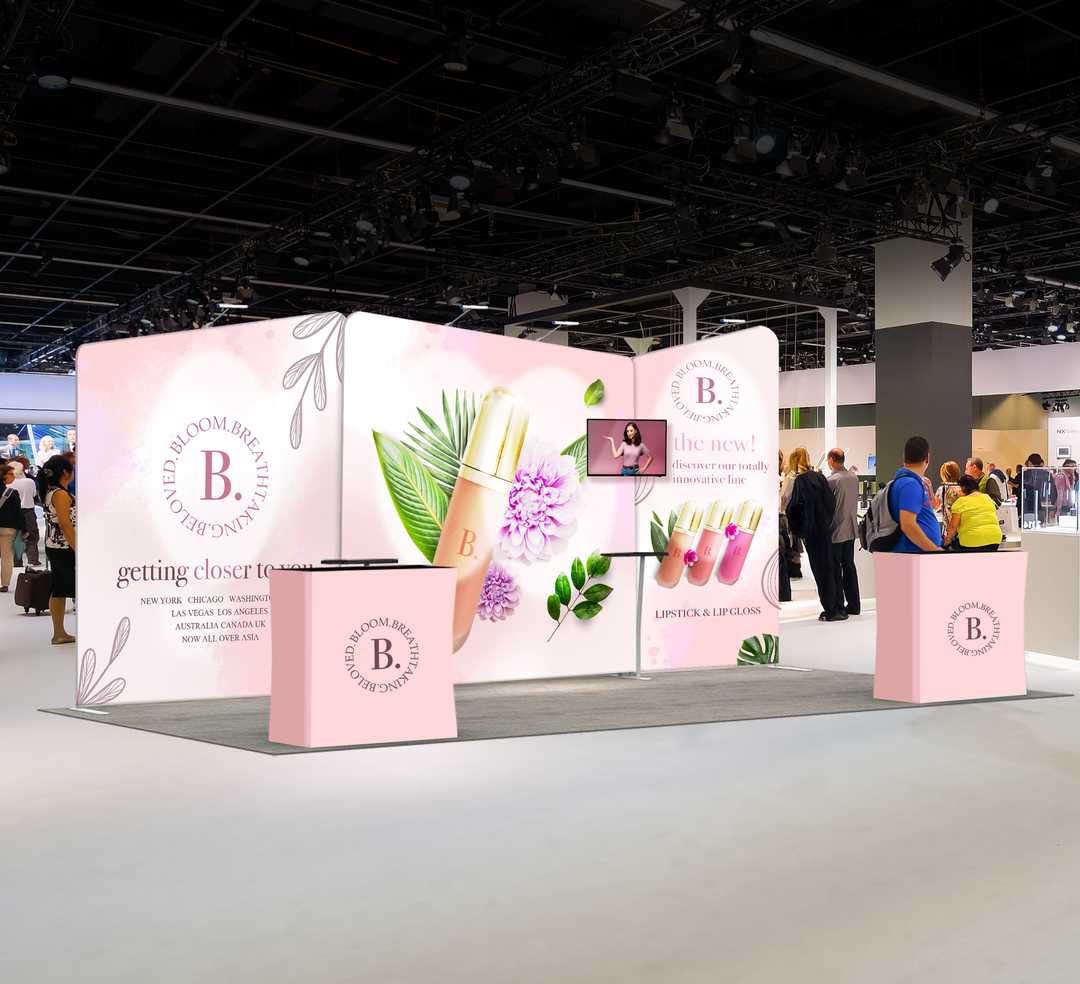 20ft Inline Trade Show Booth – Tension Fabric Display with Podium & Lightbox Graphics
