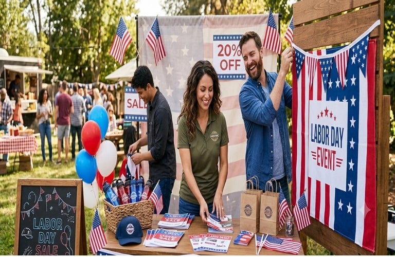 Labor Day event promotion with flags, banners, and promotional displays